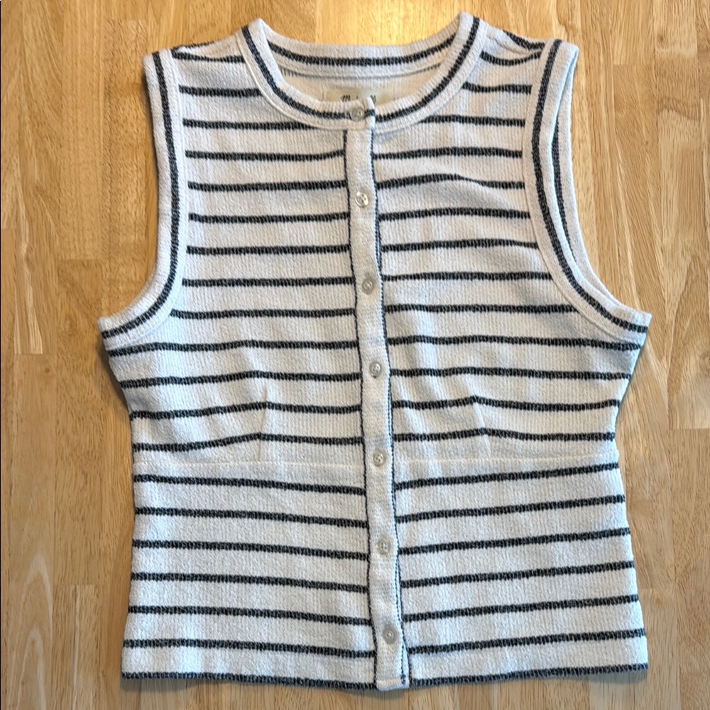 Madewell White & Navy Striped Knit Sleeveless Button-Front Top